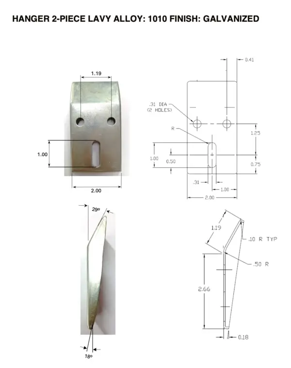 hanger, 2 piece lavy alloy: 1010 finish: galvanized