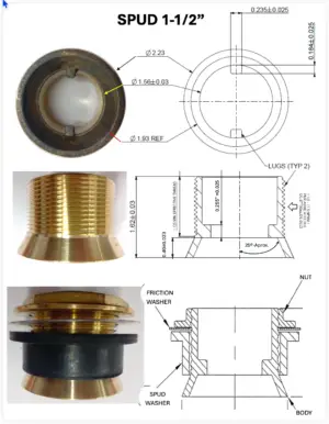 spud 1 1/2 in x 1 1/2 inlet or outlet brass steel