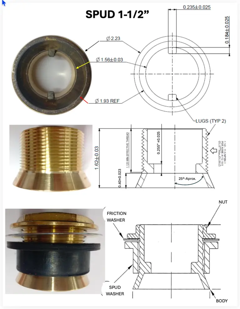 spud 1 1/2 in x 1 1/2 inlet or outlet brass steel